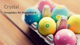  Presentation with box carton - PPT layouts enhanced with easter holidays tradition and object concept - close up of colored easter eggs in egg box or carton wooden surface background and a lemonade colored foreground