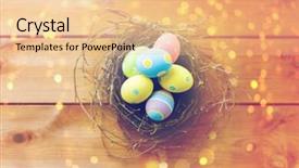  Presentation with holidays - Theme consisting of easter holidays tradition and object concept - close up of colored easter eggs in nest on wooden surface background and a lemonade colored foreground