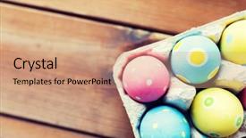  Presentation with box carton - Slides featuring easter holidays tradition and object concept - close up of colored easter eggs in egg box or carton wooden surface with copy space background and a coral colored foreground