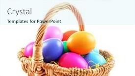  Presentation with easter basket - Presentation enhanced with easter hunt concept basket with colorful eggs on white background background and a cool aqua colored foreground