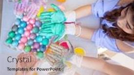  Presentation with children painting - Slide set enhanced with easter-party-schoolkids-painting-eggs background and a soft green colored foreground