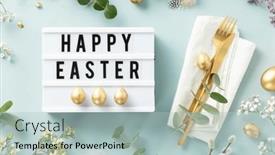  Presentation with cutlery easter table setting - PPT layouts with easter-table-decorations-stylish-easter background and a light blue colored foreground