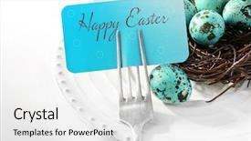  Presentation with table setting - Colorful slide set enhanced with easter table setting with empty backdrop and a white colored foreground