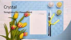  Presentation with tableware - Audience pleasing slides consisting of yellow color invitation set - easter table setting with spring backdrop and a light blue colored foreground
