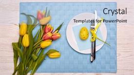  Presentation with tableware - Slides having yellow color invitation set - easter table setting with spring background and a light blue colored foreground