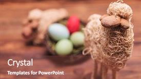  Presentation with easter basket - PPT theme with easter toy sheep in fron of egg basket on old wood background background and a tawny brown colored foreground