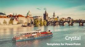  Presentation with boat river - Colorful theme enhanced with eastern europe - prague czech republic skyline backdrop and a gray colored foreground