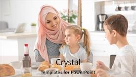  Presentation with muslim family - PPT theme enhanced with eastern religion - happy muslim family having breakfast background and a coral colored foreground