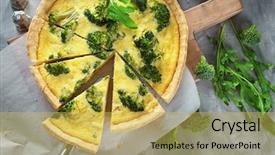  Presentation with big table - Colorful slides enhanced with easy foods cook - tasty broccoli quiche on table backdrop and a  colored foreground