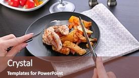  Presentation with grilled chicken - Beautiful theme featuring easy foods cook - woman eating grilled chicken meat backdrop and a tawny brown colored foreground