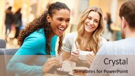  Presentation with kick off meeting - Presentation design featuring young friends meeting in cafe background and a coral colored foreground