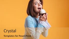  Presentation with cupcake - Theme with smiling beautiful young woman holding and biting cupcake background and a yellow colored foreground