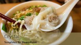  Presentation with noodles - Colorful slide set enhanced with eat-wonton-noodles-with-soup backdrop and a coral colored foreground