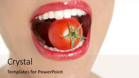  Presentation with lips mouth - Presentation theme having eating a red tomato macro of woman teeth and red lips mouth background and a coral colored foreground