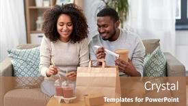  Presentation with african people - Cool new slide set with eating and people concept - happy african american couple with takeaway food and drinks at home backdrop and a coral colored foreground