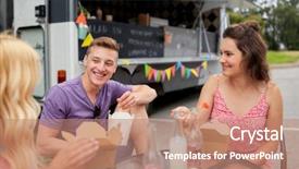  Presentation with food truck - Slides having eating and talking at food background and a coral colored foreground