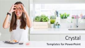  Presentation with ready to eat meal delivery - Slide set enhanced with eating asian sushi from delivery background and a  colored foreground