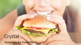  Presentation with photo - PPT theme with eating big tasty fatty burger background and a  colored foreground