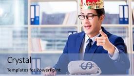  Presentation with office king - Cool new slide deck with funny loan - king businessman with money sack backdrop and a light blue colored foreground