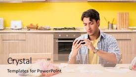  Presentation with man watching woman preparing vegetables - Colorful theme enhanced with money evidence - young man calculating expences backdrop and a lemonade colored foreground