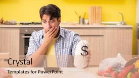  Presentation with man watching woman preparing vegetables - Slide deck consisting of dollar stores - young man calculating expences background and a lemonade colored foreground