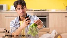  Presentation with man watching woman preparing vegetables - Amazing slides having money evidence - young man calculating expences backdrop and a coral colored foreground