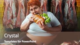  Presentation with fat - Audience pleasing PPT theme consisting of eating burger against meat carcass backdrop and a violet colored foreground