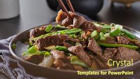  Presentation with beef - Slides consisting of eating-chinese-beef-and-snowpeas background and a tawny brown colored foreground