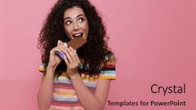  Presentation with pop art pink hair - Slide set featuring eating chocolate isolated over pink background and a coral colored foreground