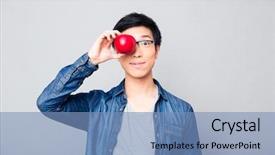  Presentation with asian nurse helps a man - Presentation featuring eating clean - young asian man covering his background and a  colored foreground