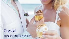  Presentation with beach wedding - PPT theme consisting of couple eating cupcakes in their wedding at the beach background and a sky blue colored foreground