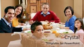  Presentation with generation family farm - Amazing PPT theme having eating dinner table - multi generation family celebrating thanksgiving backdrop and a coral colored foreground