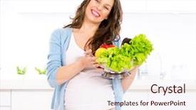  Presentation with pregnant woman - Slide deck consisting of eating green - pregnant young woman cooking vegetables background and a sky blue colored foreground