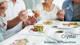  Presentation with coffee talk - Presentation enhanced with friendly senior companions eating homemade background and a sky blue colored foreground