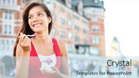  Presentation with tourist - Beautiful PPT theme featuring eating ice cream in quebec backdrop and a sky blue colored foreground