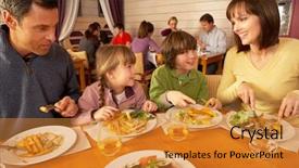  Presentation with restaurant family - Colorful slides enhanced with eating lunch together in restaurant backdrop and a gold colored foreground