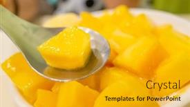  Presentation with mango - PPT theme featuring eating-mango-shaved-ice background and a gold colored foreground