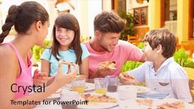  Presentation with restaurant family - Theme having eating meal at outdoor restaurant background and a coral colored foreground