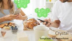  Presentation with nutritional value - Colorful PPT theme enhanced with eating-people-and-technology-concept backdrop and a soft green colored foreground