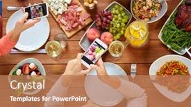  Presentation with food technology - Presentation theme with eating people and technology concept - people with smartphones photographing food on table background and a coral colored foreground