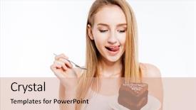  Presentation with banoffee pie cake on white - Slide deck enhanced with tasty tongue - attractive playful young woman holding background and a coral colored foreground