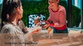  Presentation with pizza - Slide set having eating-pizza-with-diverse-colleagues background and a  colored foreground