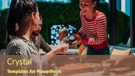  Presentation with pizza - Theme with eating-pizza-with-diverse-colleagues background and a violet colored foreground