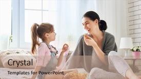  Presentation with displaying a happy mother cudd - Beautiful slide deck featuring eating popcorn on the bed backdrop and a coral colored foreground