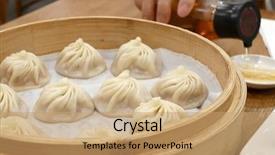  Presentation with chinese restaurant - PPT layouts having eating soup dumpling bun background and a coral colored foreground
