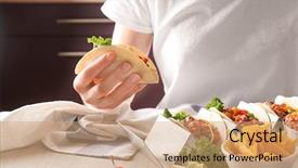  Presentation with taco - Audience pleasing PPT theme consisting of cons - woman eating taco with chili backdrop and a coral colored foreground