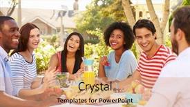  Presentation with outdoor party - Beautiful presentation featuring eating together - group of friends enjoying meal backdrop and a coral colored foreground