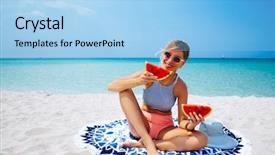  Presentation with summer - Slides with eating watermelon on the beach background and a light blue colored foreground