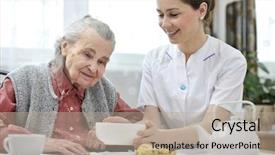  Presentation with retirement - Audience pleasing PPT theme consisting of eats lunch at retirement home backdrop and a mint green colored foreground