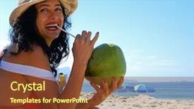  Presentation with coconut water - Beautiful presentation design featuring ebony - woman on the beach drinking backdrop and a tawny brown colored foreground